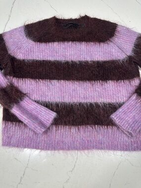 AllSaints Lavender and Chocolate Striped Fuzzy Crew Sweater
